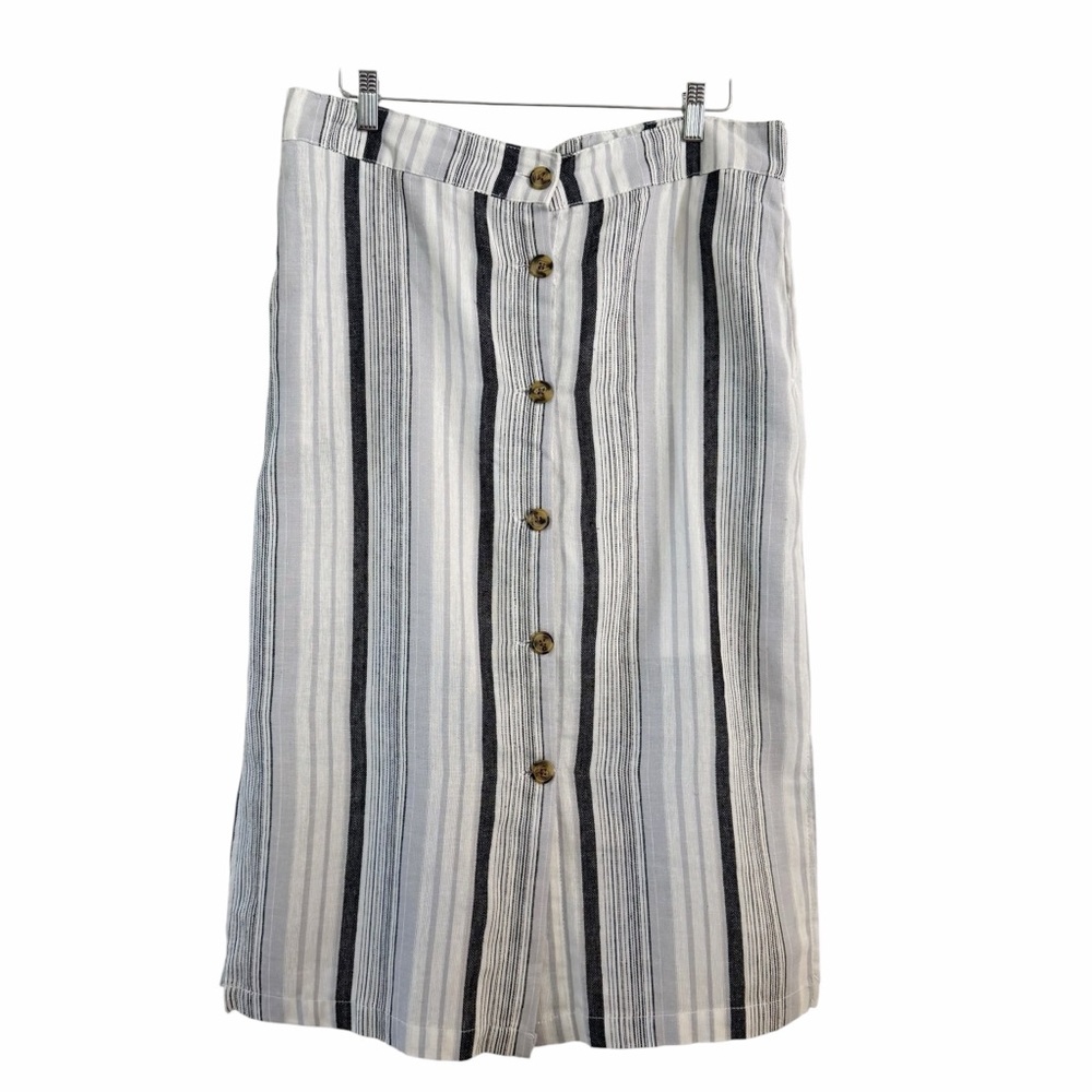 DASH Linen Blend Skirt Midi Button Front Ivory Blue Stripes Women’s Size Medium